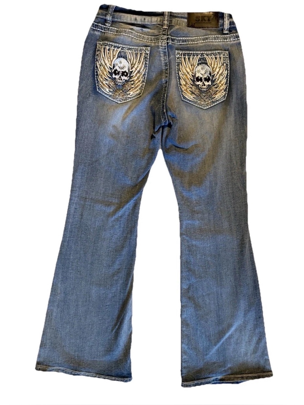 Sky Flared Jeans with Embroidered Skull Pockets size 9/10